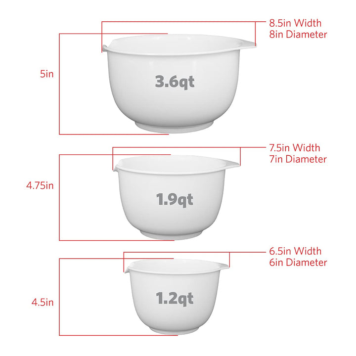 GLAD Mixing Bowls with Pour Spout, Set of 3 | Nesting Design Saves Space | Non-Slip, BPA Free, Dishwasher Safe Plastic | Kitchen Cooking and Baking Supplies, White