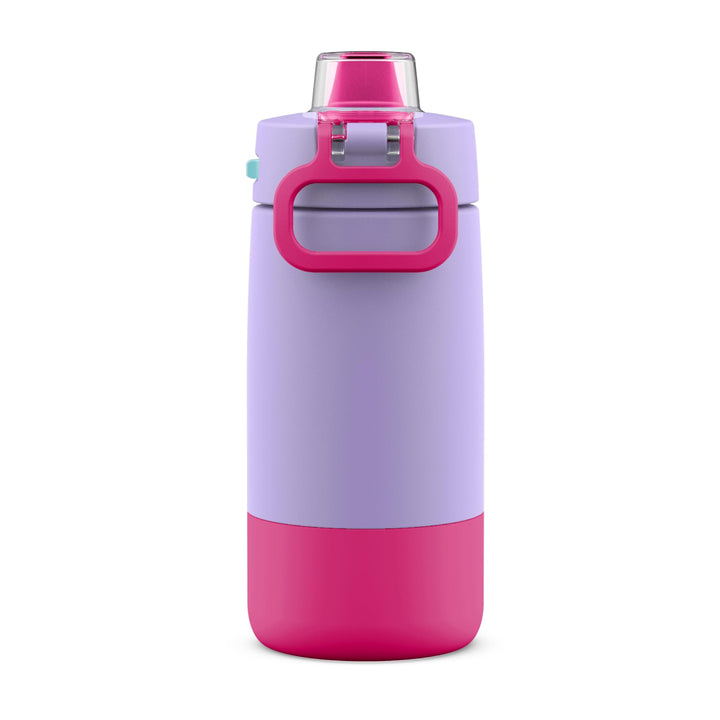 Ello Kids Colby 12oz Stainless Steel Insulated Water Bottle with Straw and Built-In Silicone Coaster Carrying Handle and Leak-Proof Locking Lid for School Backpack, Lunchbox, and Outdoor Sports Lilac/Pink