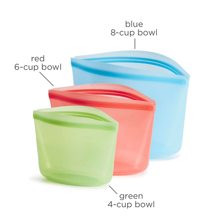 Stasher Reusable Silicone Storage Bag, Food Storage Container, Microwave and Dishwasher Safe, Leak-free, Bundle 3-Pack Bowls, Green + Red + Blue