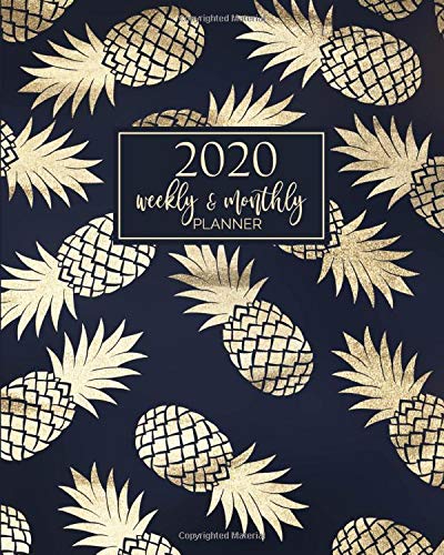 2020 Planner: Weekly and Monthly Agenda Calendar Organizer | January through December | Gold Pineapple + Navy Blue (HORIZONTAL Layout)