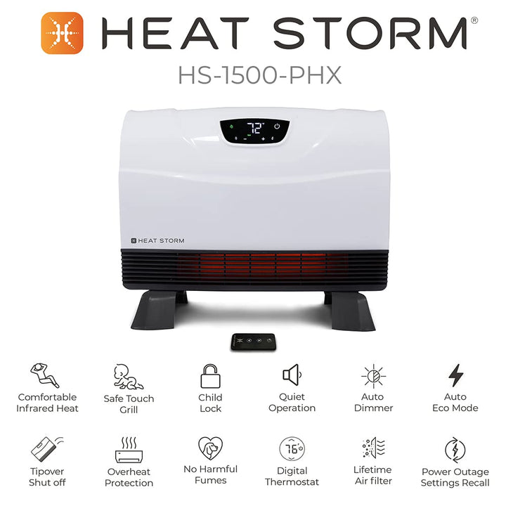 Heat Storm Phoenix Infrared Space Heater with Attachable Feet, Remote Control, Energy Efficient-750-1500 Watts, White Floor or Wall - HS-1500-PHX Infrared Heater