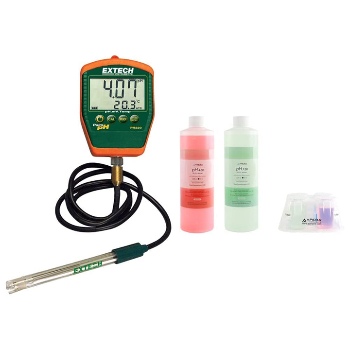 Extech PH220-C Waterproof Palm pH Meter with Cabled Electrode and Apera Instruments AI1114 pH Calibration Solution Kit pH Meter + Calibration Solution Kit