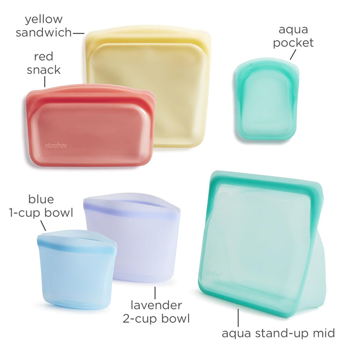 Stasher Reusable Silicone Storage Bag, Food Storage Container, Microwave and Dishwasher Safe, Leak-free, Bundle 6-Pack, Rainbow