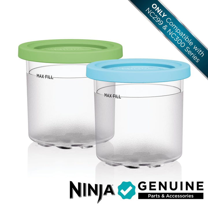 Ninja CREAMi Pints 2 Pack, Compatible with NC299AMZ & NC300s Series CREAMi Ice Cream Makers, Genuine Ninja Pint, BPA-Free & Dishwasher Safe, Color Lids, 1 Pint Each, Clear/Lime/Aqua, XSKPLID2CD