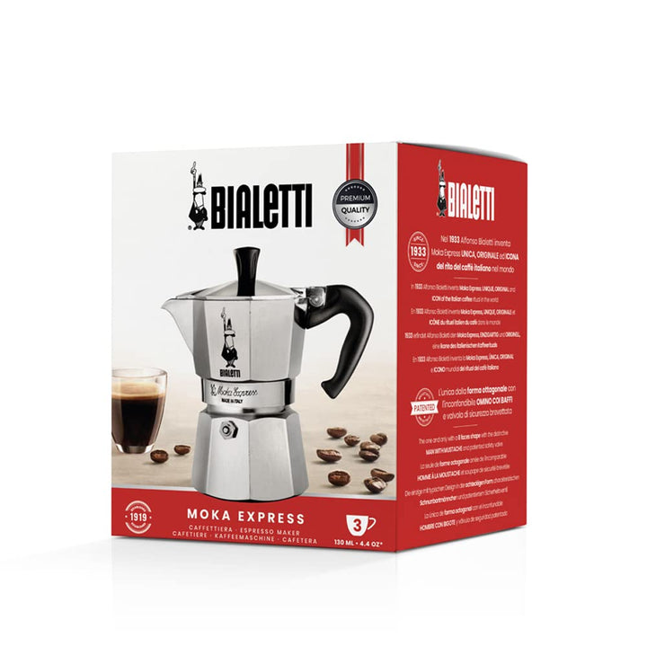 Bialetti - Moka Express: Iconic Stovetop Espresso Maker, Makes Real Italian Coffee, Moka Pot 3 Cups (4.3 Oz - 130 Ml), Aluminium, Silver 3-Cup