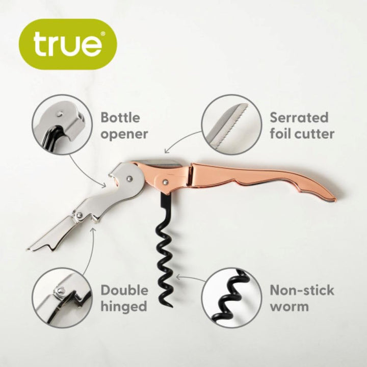 True Brands TrueTap Double Hinged Waiters Corkscrew, Top-notch Stainless Steel Opener with Foil Cutter Built to Last Wine Key Gold, Set of 1