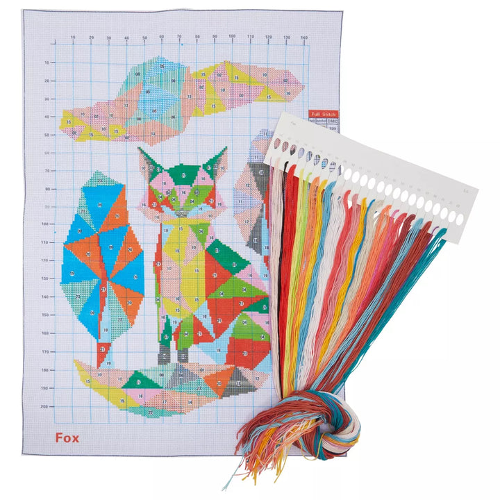 Bright Creations 2 Pack, Fox and Cat Stamped Counted Cross Stitch, DIY Embroidery Beginner Kit with 11 CT Cloth, Needles & Thread