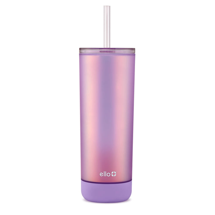 Ello Monterey Double Walled Insulated Plastic Tumbler with Straw and Built-in Coaster, BPA Free, 24oz Lilac