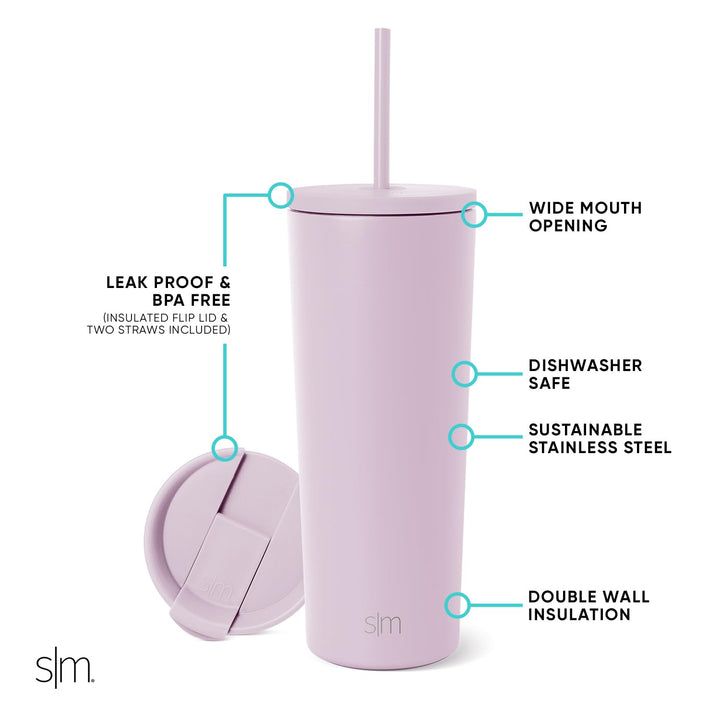 Simple Modern Insulated Tumbler with Lid and Straw | Iced Coffee Cup Reusable Stainless Steel Water Bottle Travel Mug | Gifts for Women Men Her Him | Classic Collection | 24oz | Lavender Mist -Lavender Mist