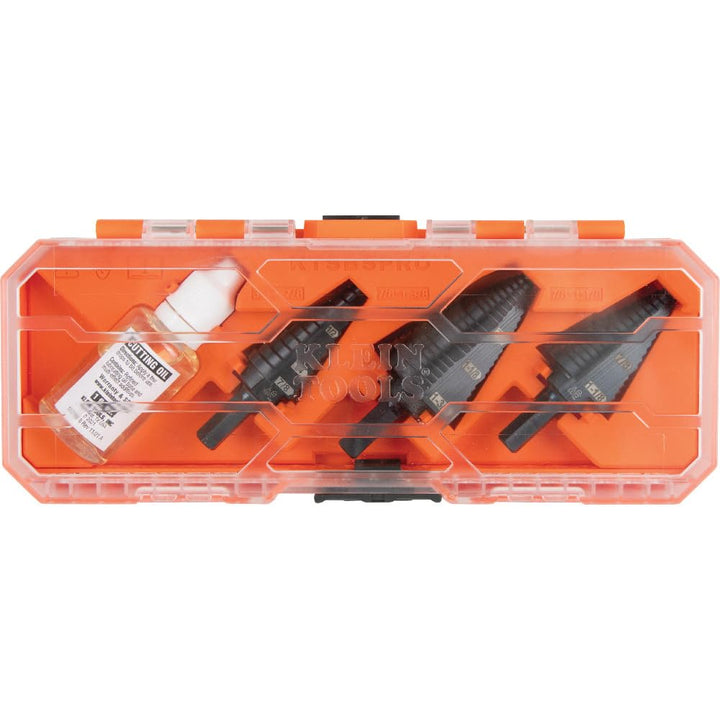 Klein Tools KTSBSPRO Premium 3-Piece Electrician's Step Bit Set with Cutting Oil, Modular Case, 3/8-Inch Hex Shank, Straight Double Fluted Standard 3-Piece Kit