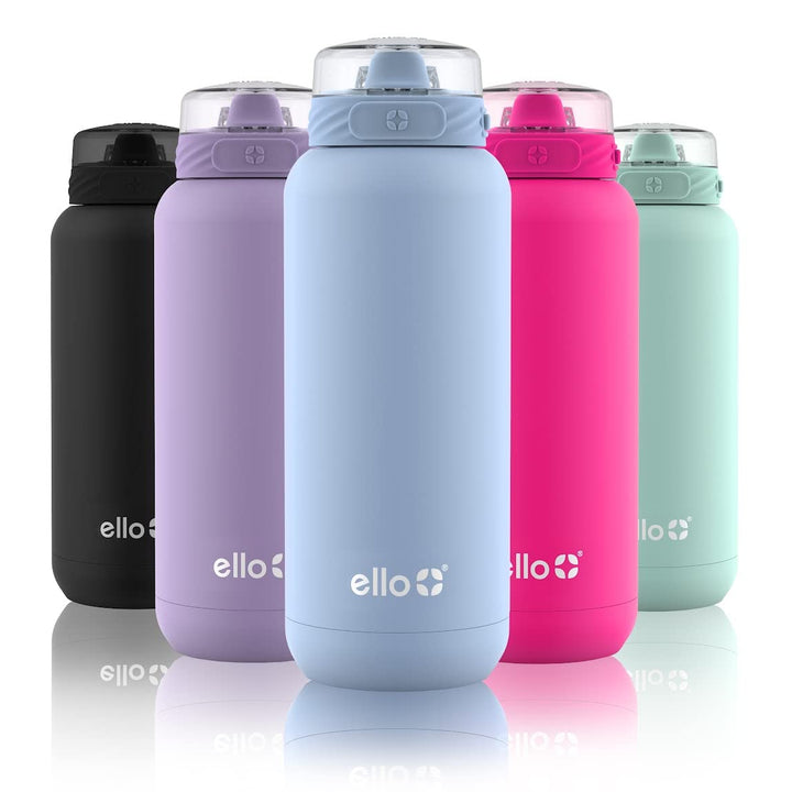 Ello Cooper Stainless Steel Water Bottle with Straw and Carry Handle, Double Walled and Vacuum Insulated Metal, Leak Proof Locking Lid with Soft Silicone Spout, Reusable, BPA Free, 22oz, 32oz, 40oz Halogen Blue