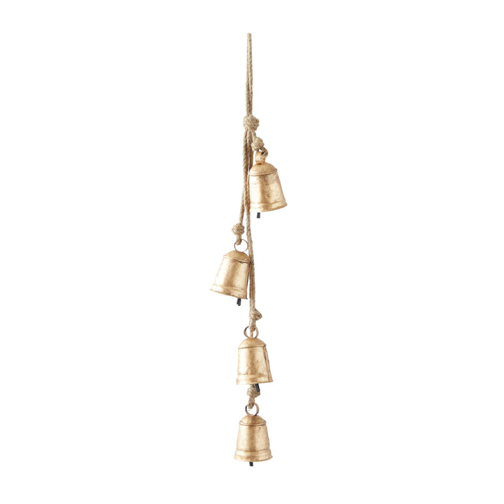 Deco 79 Gold Metal Tibetan Inspired String Hanging Decorative Bells with Jute Hanging Rope 4" x 8" x 52" - Cone 52" x 4" x 8"