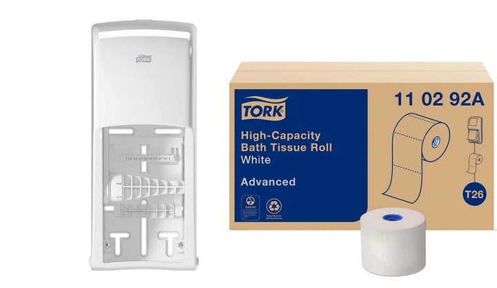 Tork Twin Toilet Paper Roll Dispenser, White - T26 + Refill - Toilet Paper Roll (36 x 1000 sheets), Advanced, White Bundle