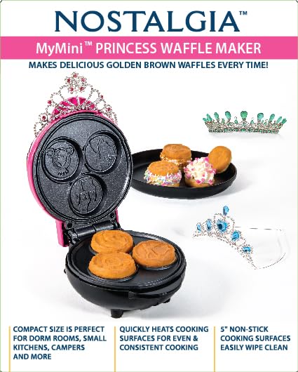 Nostalgia MyMini Princess Icons Shape Electric Waffle Maker, 5-Inch Non-Stick Griddle for Waffles, Hash Browns, Eggs, and More, Pink