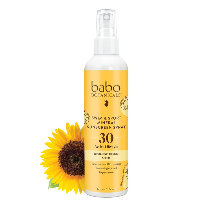 Babo Botanicals Swim & Sport Mineral Sunscreen Spray SPF 30 - Natural Zinc Oxide - Face & Body - For all ages - Dermatologist Tested - Cruelty-Free - Fragrance-Free - Water Resistant