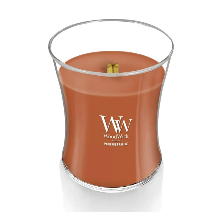 WoodWick Medium Hourglass Candle, Pumpkin Praline - Premium Soy Blend Wax, Pluswick Innovation Wood Wick, Made in USA