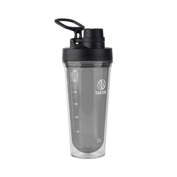 Takeya 24 oz Tritan Plastic Shaker Bottle - Premium BPA Free Protein Shakes Mixer, Leakproof Spout Lid, Shatterproof, Stormy Black