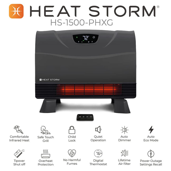 Heat Storm Phoenix Infrared Space Heater with Attachable Feet, Remote Control, Energy Efficient-750-1500 Watts, White Floor or Wall - HS-1500-PHX Infrared Heater