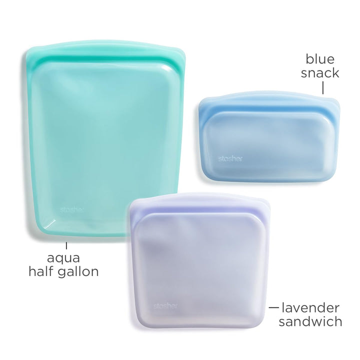 Stasher Reusable Silicone Storage Bag, Food Storage Container, Microwave and Dishwasher Safe, Leak-free, Bundle 3-Pack, Aqua + Blue + Lavender