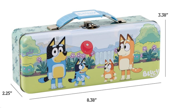 The Tin Box Company Bluey Pencil Box with Handle Clasp & Hinge, Model: 479407-12, Pencil Box with Handle, 8-3/8 x 3-3/8 x 2-1/4"D with hinge and clasp