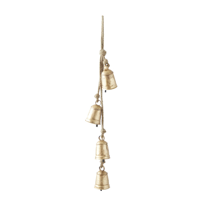 Deco 79 Gold Metal Tibetan Inspired String Hanging Decorative Bells with Jute Hanging Rope 4" x 8" x 52" - Cone 52" x 4" x 8"