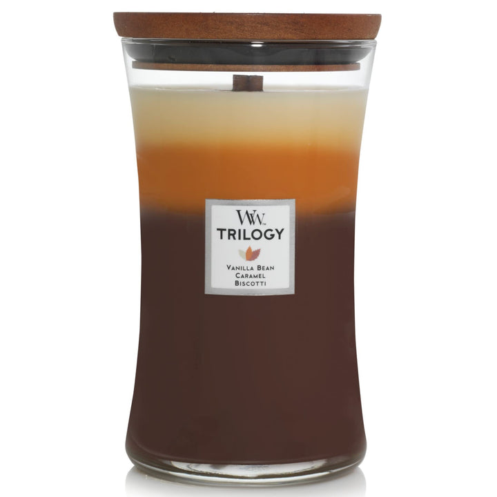 WoodWick Café Sweets Large Hourglass Trilogy Candle & Warm Woods Medium Hourglass Trilogy Candle, 9.7 oz.