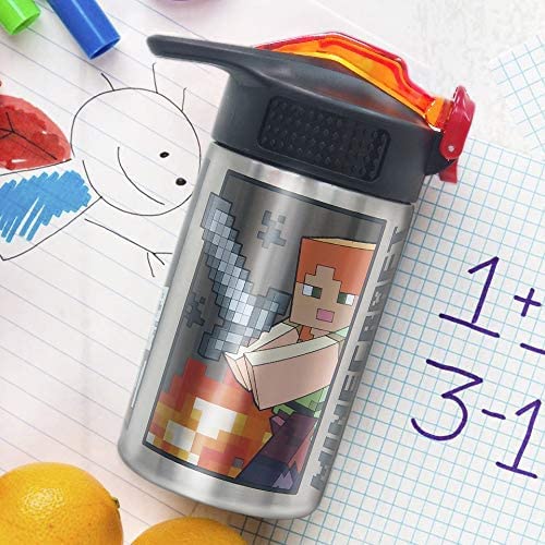 Zak Designs Minecraft - Stainless Steel Water Bottle with One Hand Operation Action Lid and Built-in Carrying Loop, with Straw Spout is Perfect for Kids (15.5 oz, 18/8, BPA-Free)