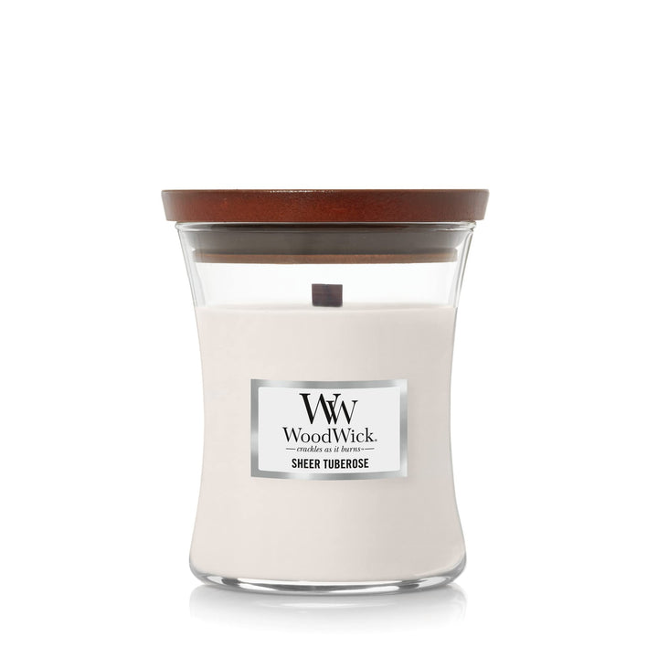 WoodWick Medium Hourglass Candle, Sheer Tuberose - Premium Soy Blend Wax, Pluswick Innovation Wood Wick, Made in USA