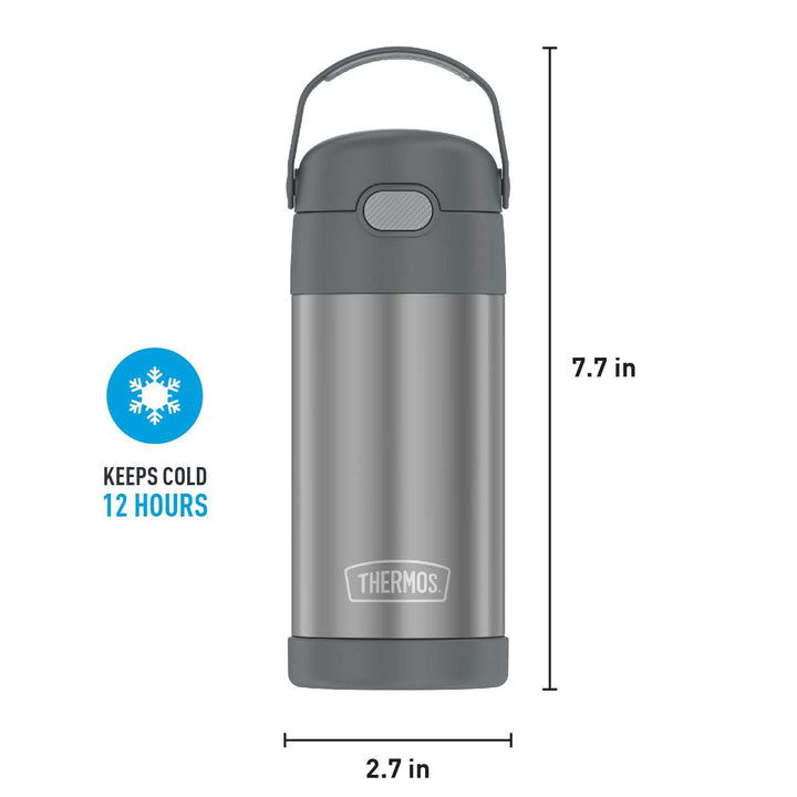 THERMOS FUNTAINER Water Bottle with Straw - 12 Ounce, Grey - Kids Stainless Steel Vacuum Insulated Water Bottle with Lid Gray FUNTAINER 12 Ounce Bottle