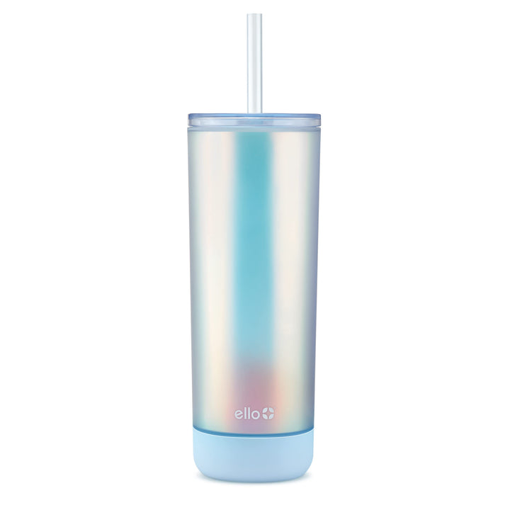 Ello Monterey Double Walled Insulated Plastic Tumbler with Straw and Built-in Coaster, BPA Free, 24oz Blue