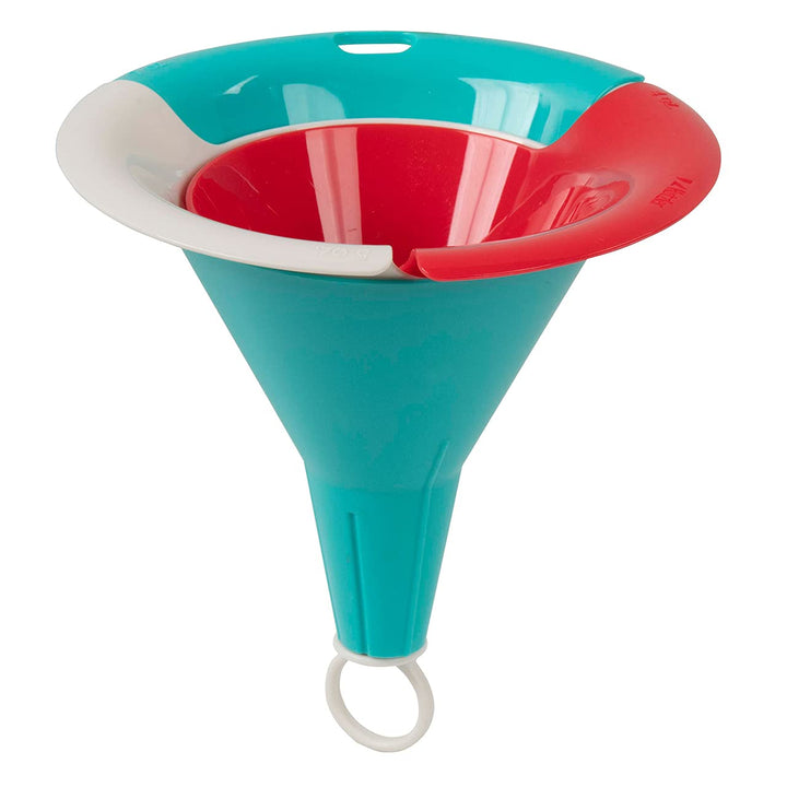 Hutzler Interlocking 3-Pc. Funnel Set: 4 oz, 5 oz, 7 oz, Red/White/Turquoise 4 oz, 5 oz, 7 oz.