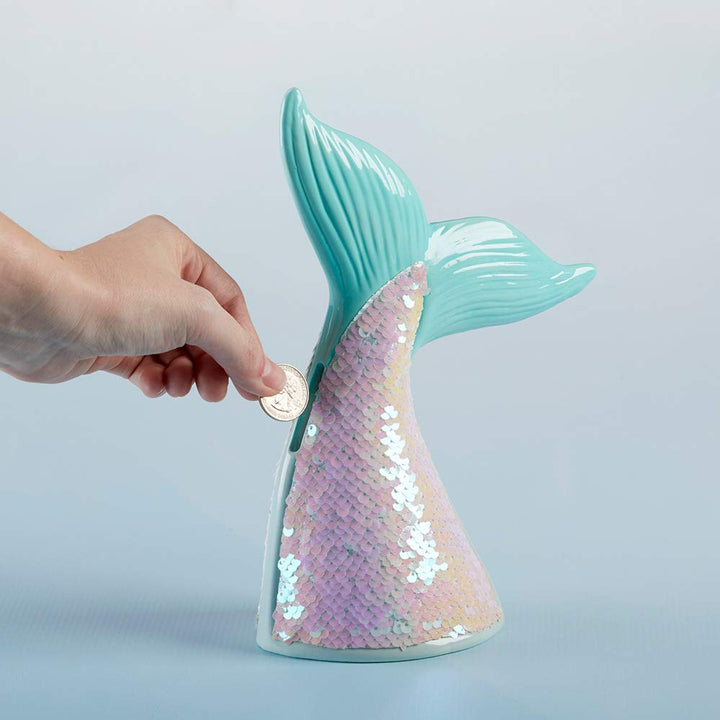 Baby Aspen Reversible Sequin Mermaid Tail Porcelain Piggy Bank, Baby Room Decor, Coin Bank Baby Shower