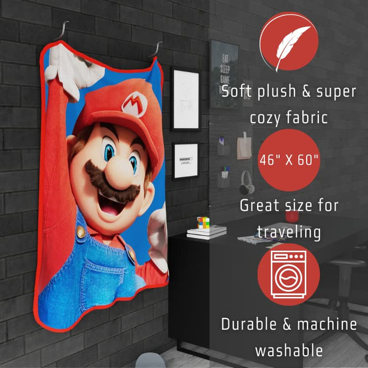 Franco The Super Mario Bros. Movie Kids Bedding Super Soft Micro Raschel Throw, 46 in x 60 in, (100% Official Licensed Product) 46" X 60"