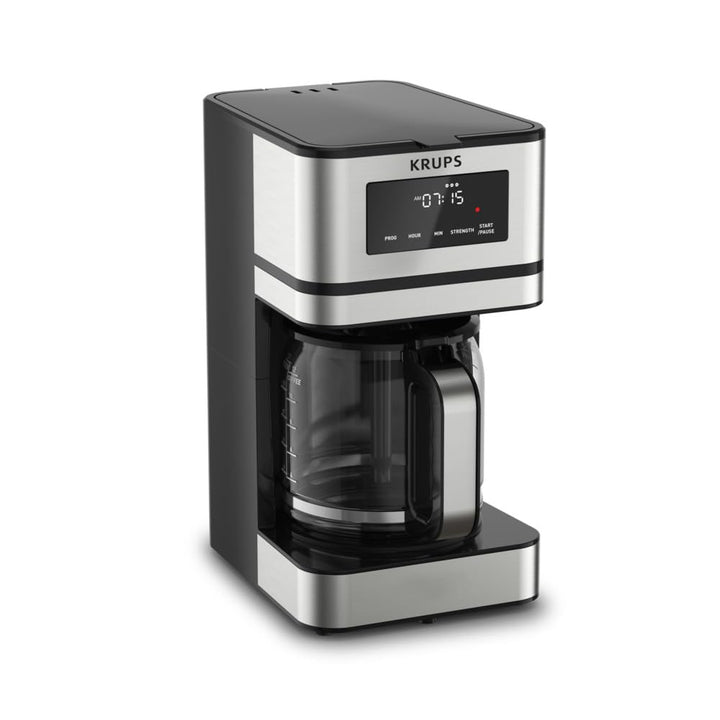 Krups Coffee Maker 10 Cups Digital Simply Brew Stainless Steel Drip Coffee Maker 900 Watts Digital Control, Coffee Filter, Drip Free, Dishwasher Safe Pot Silver and Black 10-Cup Glass & Digital