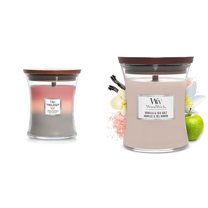 WoodWick Medium Hourglass Candle, Shoreline - Premium Soy Blend Wax, Pluswick Innovation Wood Wick & Medium Hourglass Candle, Vanilla Sea Salt - Premium Soy Blend Wax SHORELINE+ Candle, 92191