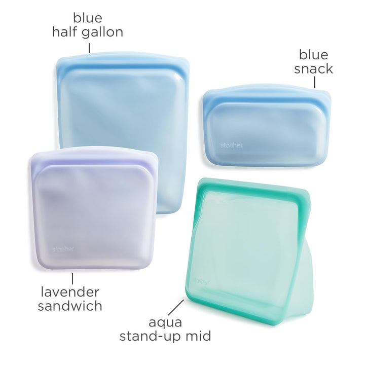 Stasher Reusable Silicone Storage Bag, Food Storage Container, Microwave and Dishwasher Safe, Leak-free, Bundle 4-Pack, Aqua + Blue + Lavender