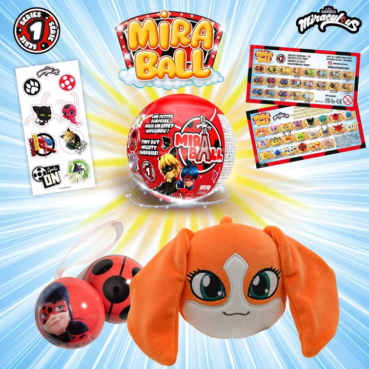 Miraculous Ladybug, 4-1 Surprise Miraball, Toys for Kids with Collectible Character Metal Ball, Kwami Plush, Glittery Stickers and White Ribbon