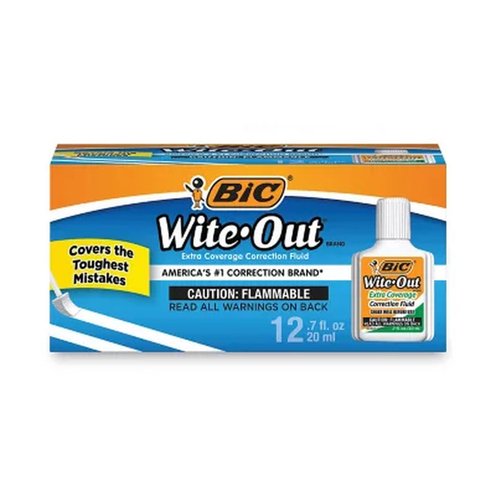 BIC Wite-Out Extra Coverage Correction Fluid, 20 Ml Bottle, White 12-Pack