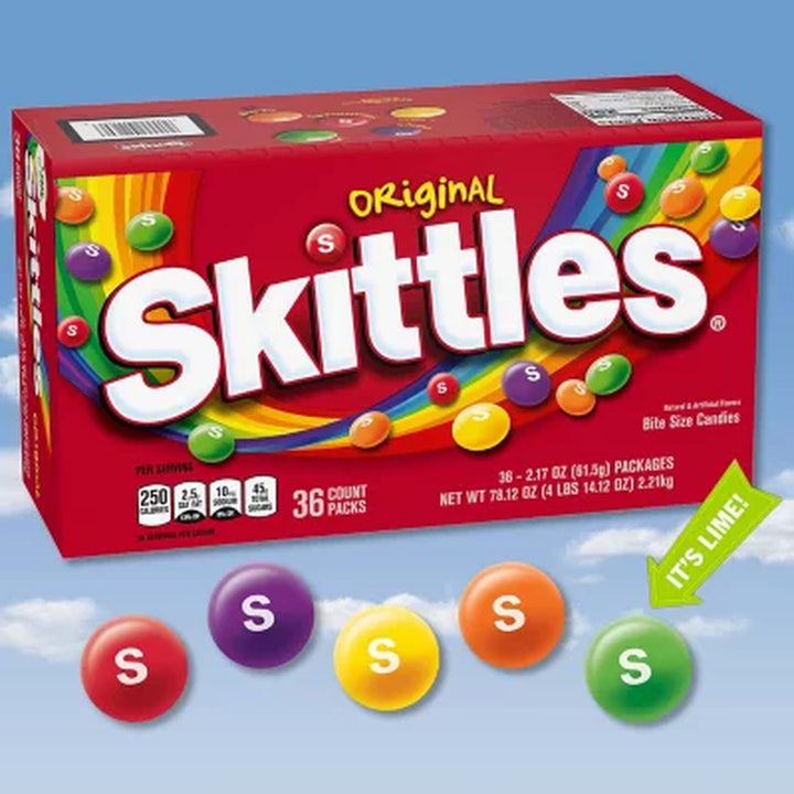 Skittles Original Fruity Chewy Candy, Full Size, 2.17 Oz., 36 Pk.