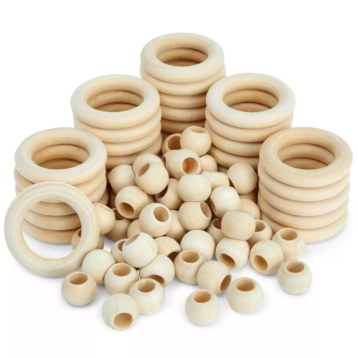 Bright Creations 80 Pack Natural Wooden round Beads and Rings Macrame Set Unfinished Wood Spacer for DIY Craft Projects and Home Décor Accessories