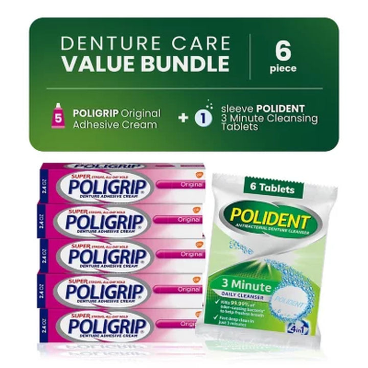 Poligrip Denture Adhesive Cream 2.4 Oz., 5 Ct. + Polident Cleanser 6 Tablets