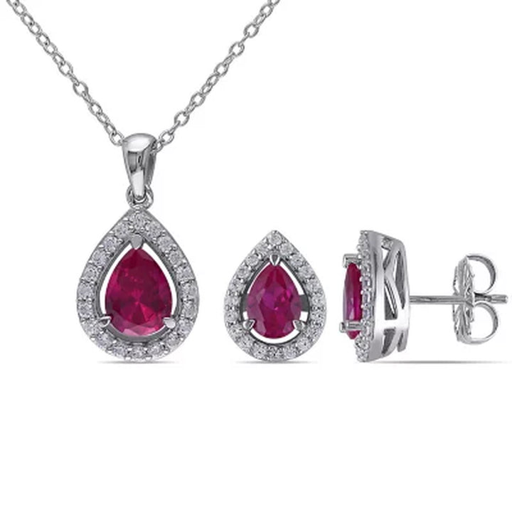 Created Gemstone Teardrop Halo Pendant and Stud Earrings Set in Sterling Silver