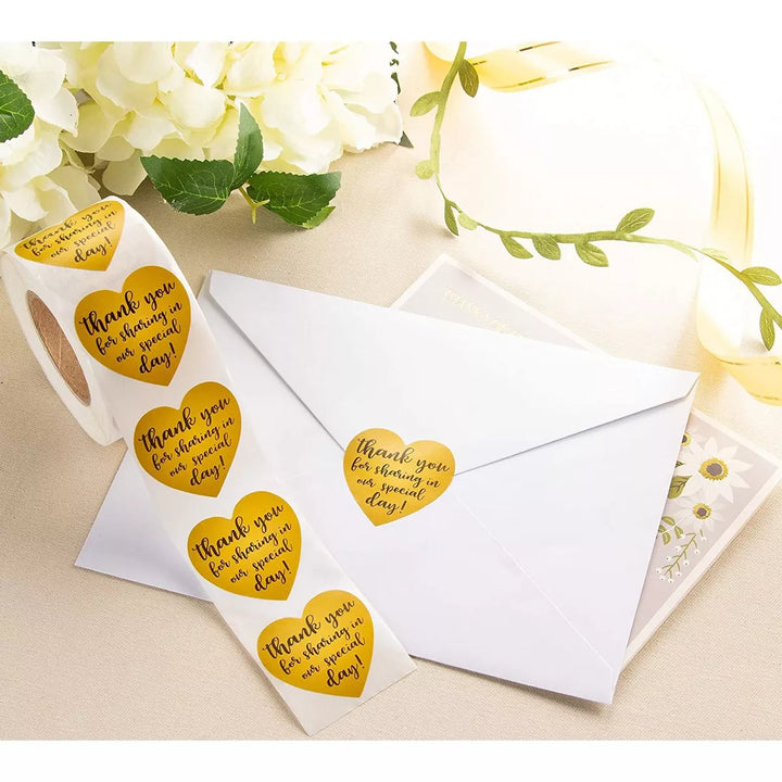 500-Count Wedding Favor Sticker, Thank You for Sharing in Our Special Day, Heart-Shaped, Gold, 1.5" Diameter