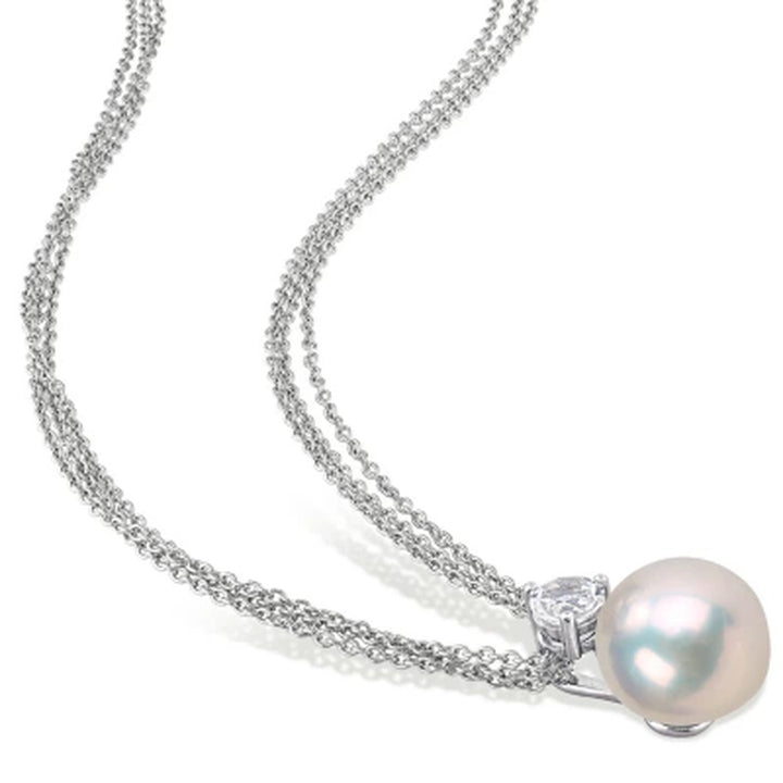 11-12Mm White round Cultured Freshwater Pearl and White Topaz Drop Pendant in Sterling Silver