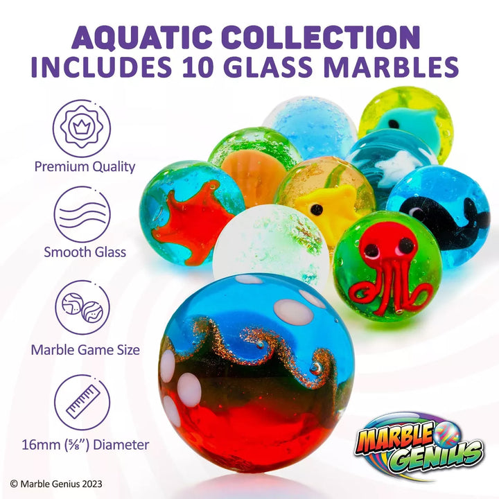 Marble Genius Collectors Marbles, Aquatic, 16Mm (3/4 Inch), 10 Handmade Glass Marbles for Animal Lovers, Perfect Stocking Stuffers