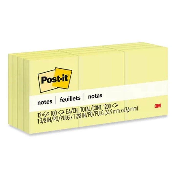 Post-It Notes Original Notes, 1-1/2 X 2, 100 Sheet Pads, 12 Pads, 1,200 Total Sheets, Canary Yellow