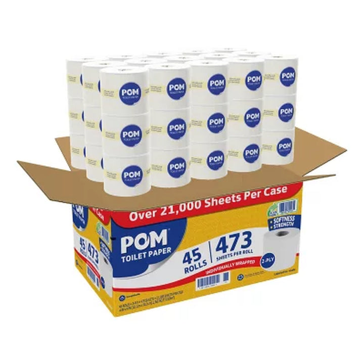 POM Bath Tissue, Septic Safe, 2-Ply, White 473 Sheets/Roll, 45 Rolls