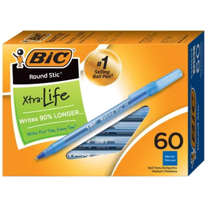 BIC round Stic Xtra Life Ballpoint, 1Mm, Medium, Blue, 60Ct.