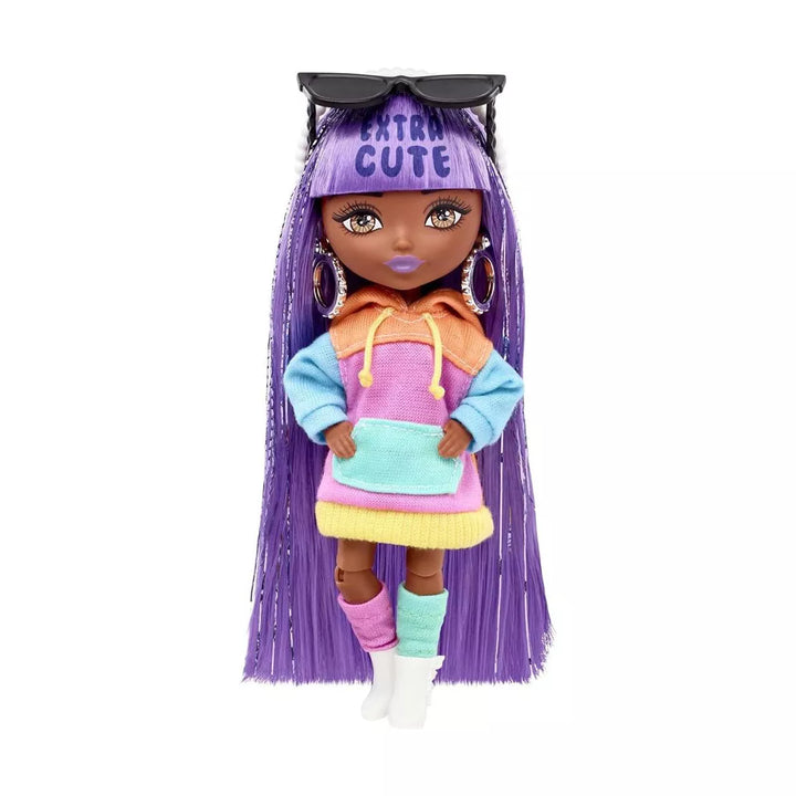 Barbie Extra Minis Doll & Accessories with Purple & Silver Hair, Toy Pieces Include Color-Block Hoodie Dress & Boots