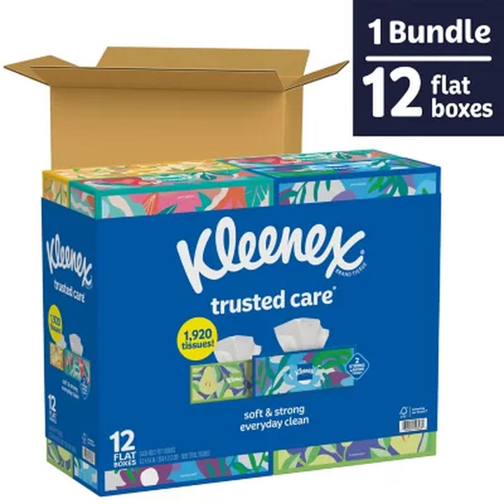 Kleenex Trusted Care 2-Ply Facial Tissues, Flat Boxes 160 Tissues/Box, 12 Boxes